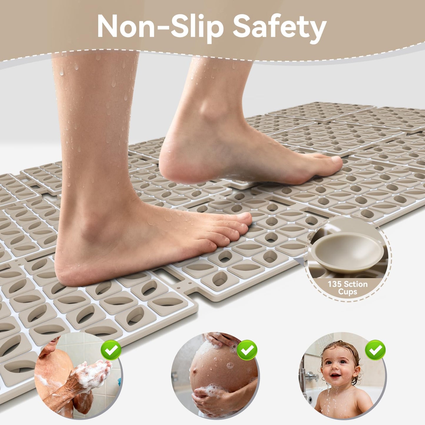 Shower Mat, Bathtub Mat Non Slip 16"x 26" Soft TPE Bath Mat for Kids, Machine Washable Inside Bathroom Shower Mat Bath Mat with Drain Holes & Strong Suction Cups, Soft on Feet (Browm)