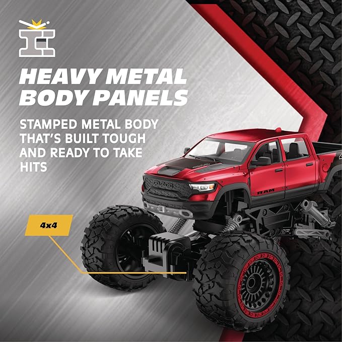 RC 4WD Heavy Metal RAM 1500 Pickup Truck – 1:14 Scale Officially Licensed Stamped Metal Body 4x4 All-Wheel Drive 2.4GHz Full-Function Remote Control Ready-to-Run USB Charging Red