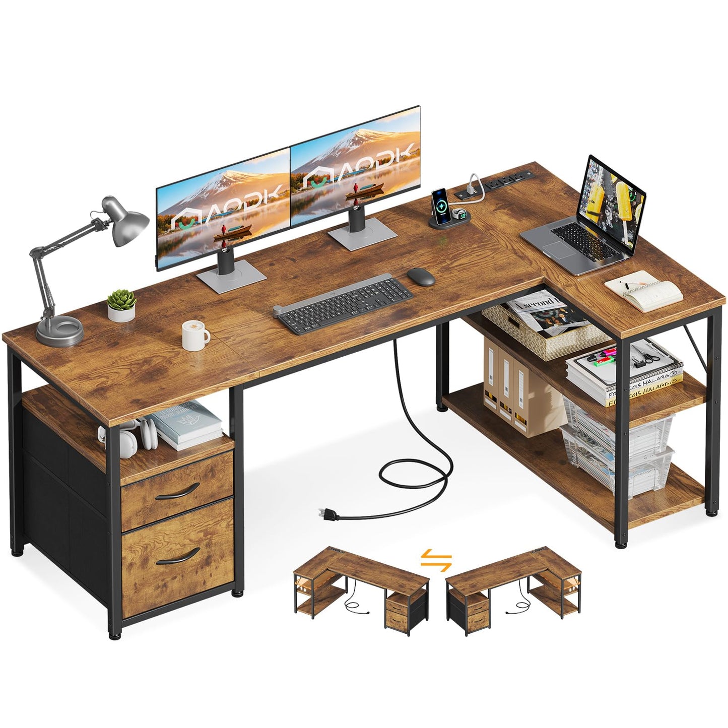 AODK 55 inch L Shaped Computer Desk with Drawers, Reversible Computer Desk with Storage Shelves, Home Office Desk with Built-in Power Outlet, Rustic Brown