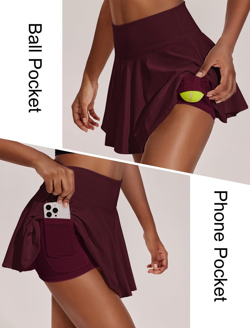 PINSPARK Tennis Skirts for Women High Waisted Athletic Golf Skorts with Pockets Shorts Quick Dry Pickleball Skirt, Red Merlot XL