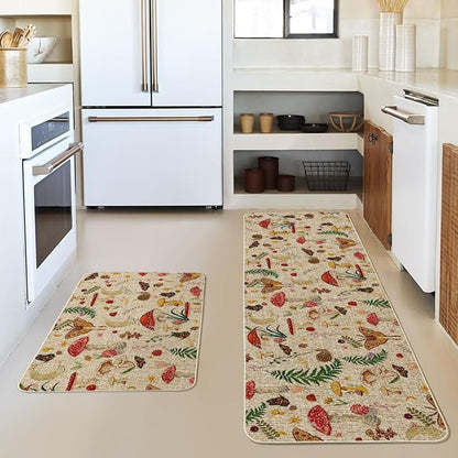 Artoid Mode Mushrooms Butterfly Spring Kitchen Mats Set of 2, Home Decor Low-Profile Kitchen Rugs for Floor - 17x29 and 17x59 Inch
