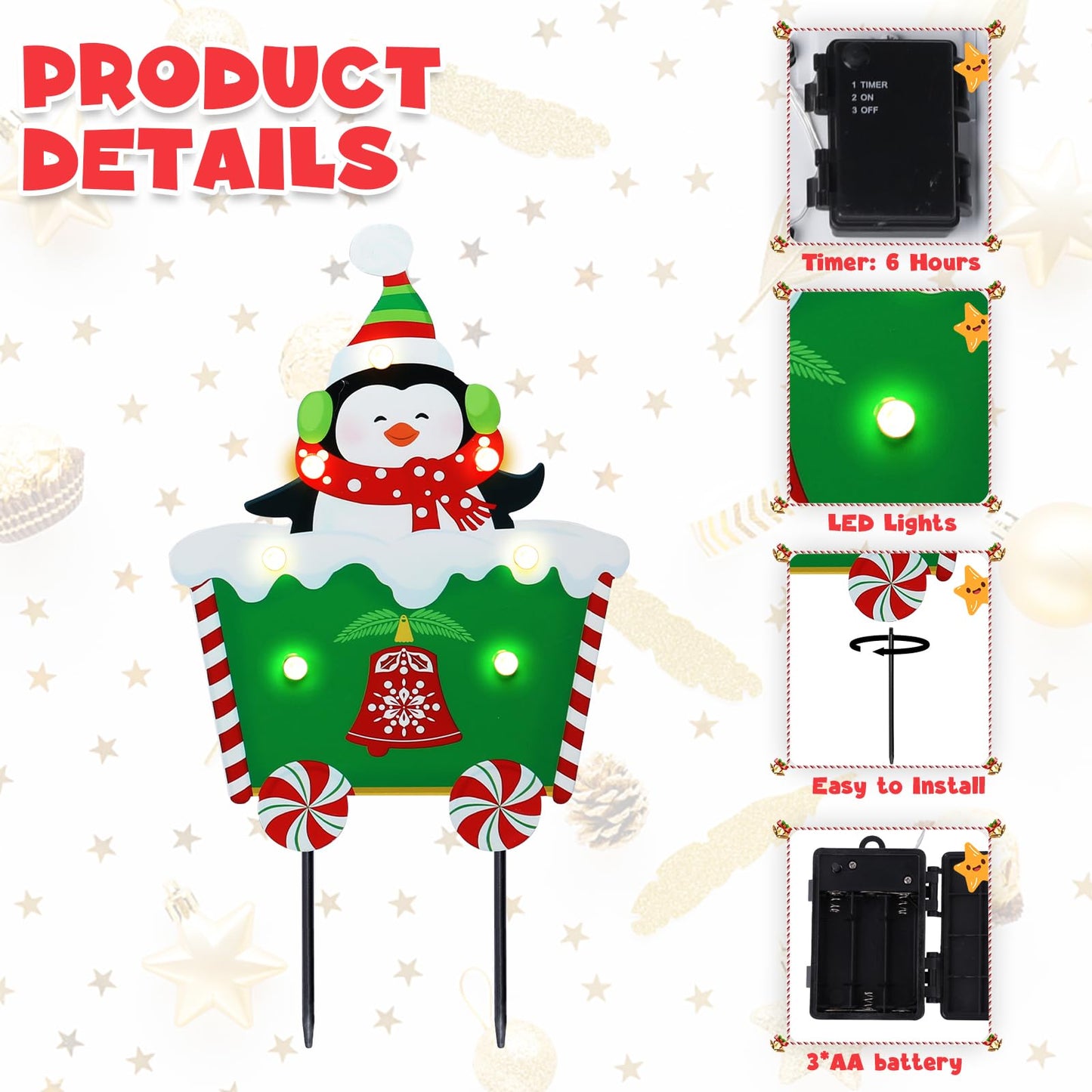 WONDER GARDEN Christmas Metal Yard Stakes, Lighted 4 Pack Christmas Garden Stakes Yard Signs, Outdoor Decorations Train with Santa, Snowman, Penguin, Boy for Lawn Party Outside