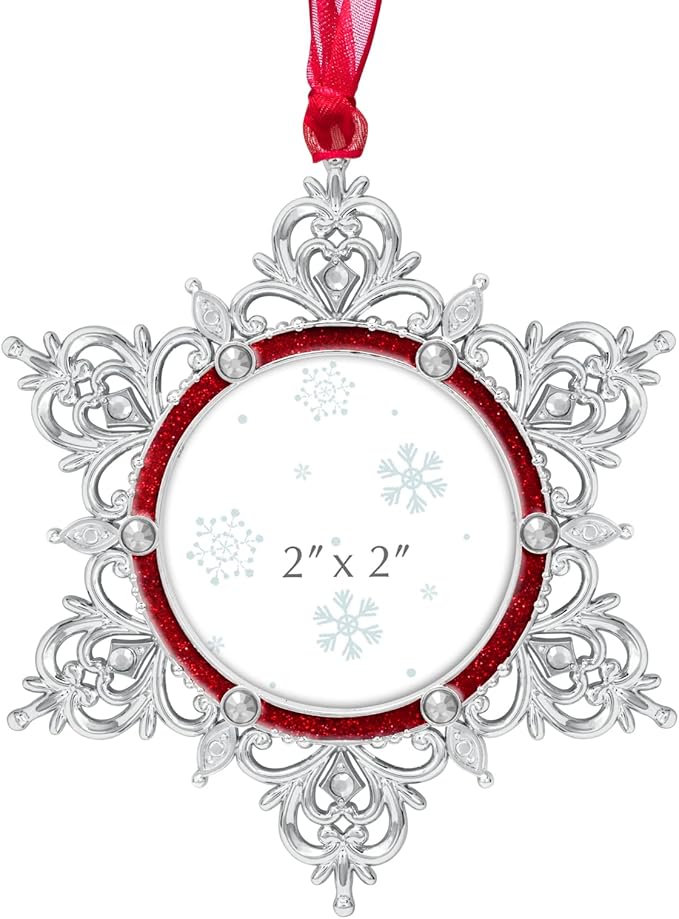 West style Snowflake Picture Frame Ornament Christmas Tree Ornaments Set 3 Pieces-Metallic Hanging Home Deco Hanging Pendant Holiday Keepsake Gift (Red, 3 Pieces)