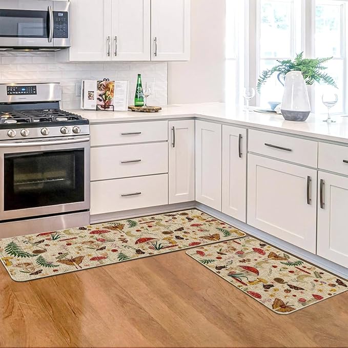 Artoid Mode Mushrooms Butterfly Spring Kitchen Mats Set of 3, Home Decor Low-Profile Kitchen Rugs for Floor - 17"x29"+17"x36"+17"x47"