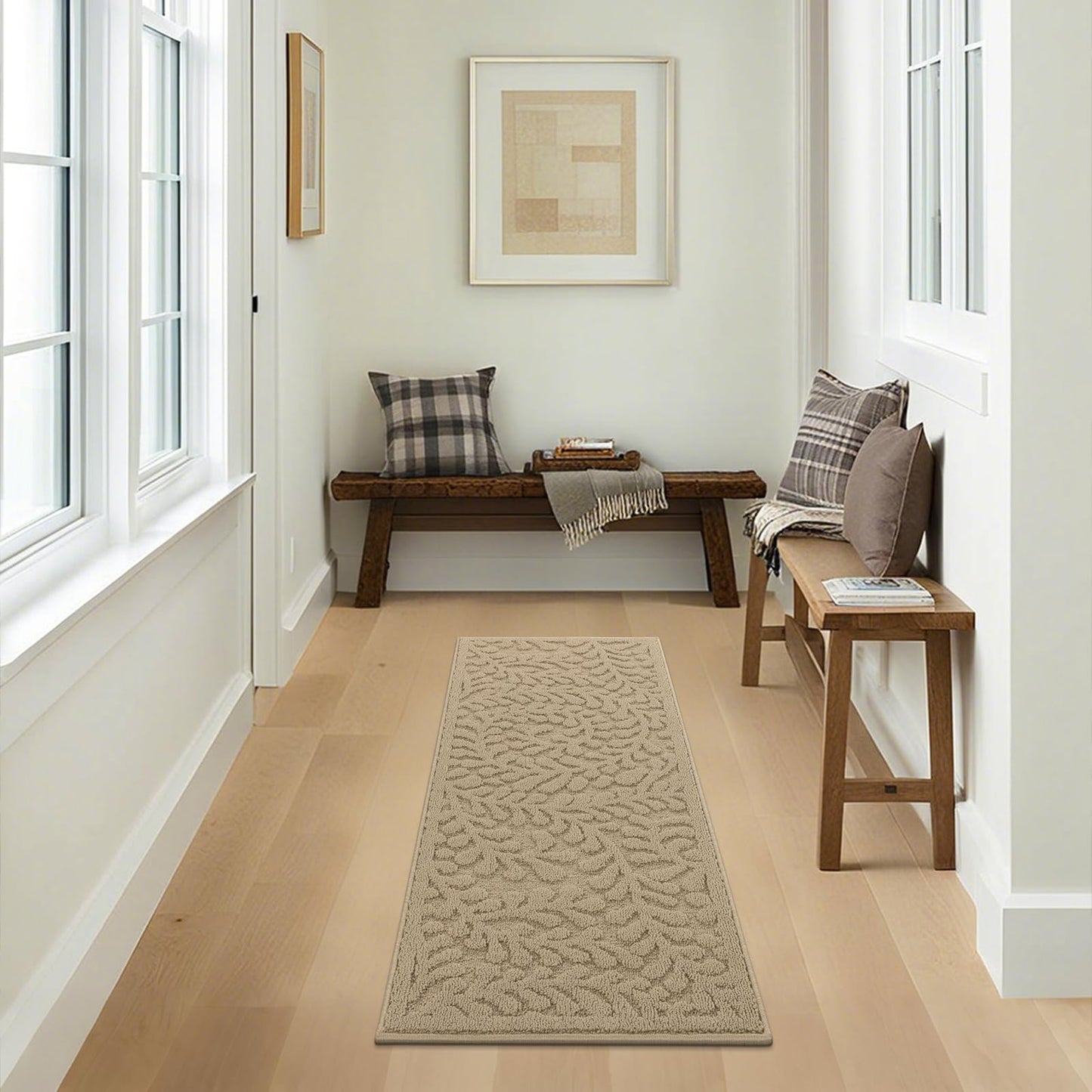 SHACOS Kitchen Rugs Sets of 3 Non Slip Washable Polypropylene Low Pile Absorbent Resist Dirt Kitchen Floor Mat 3 Piece for Entryway, Hallway, Front of Sink (17"x30"+17"x47"+17"x59", Leaves Beige)
