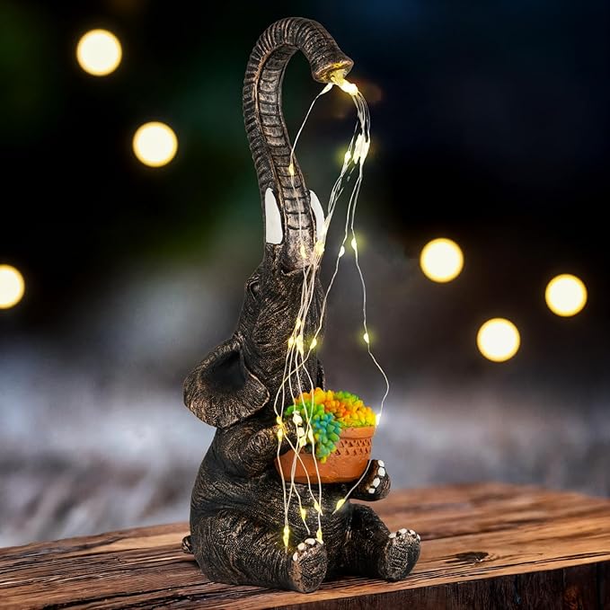 Elephant Garden Statue with Solar Watering Lights, Outdoor Resin Animal Sculpture for Patio, Lawn, Yard – Unique Gift for Women, Mom, Grandma (Copper Succulents)