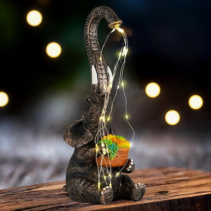 Elephant Garden Statue with Solar Watering Lights, Outdoor Resin Animal Sculpture for Patio, Lawn, Yard – Unique Gift for Women, Mom, Grandma (Copper Succulents)