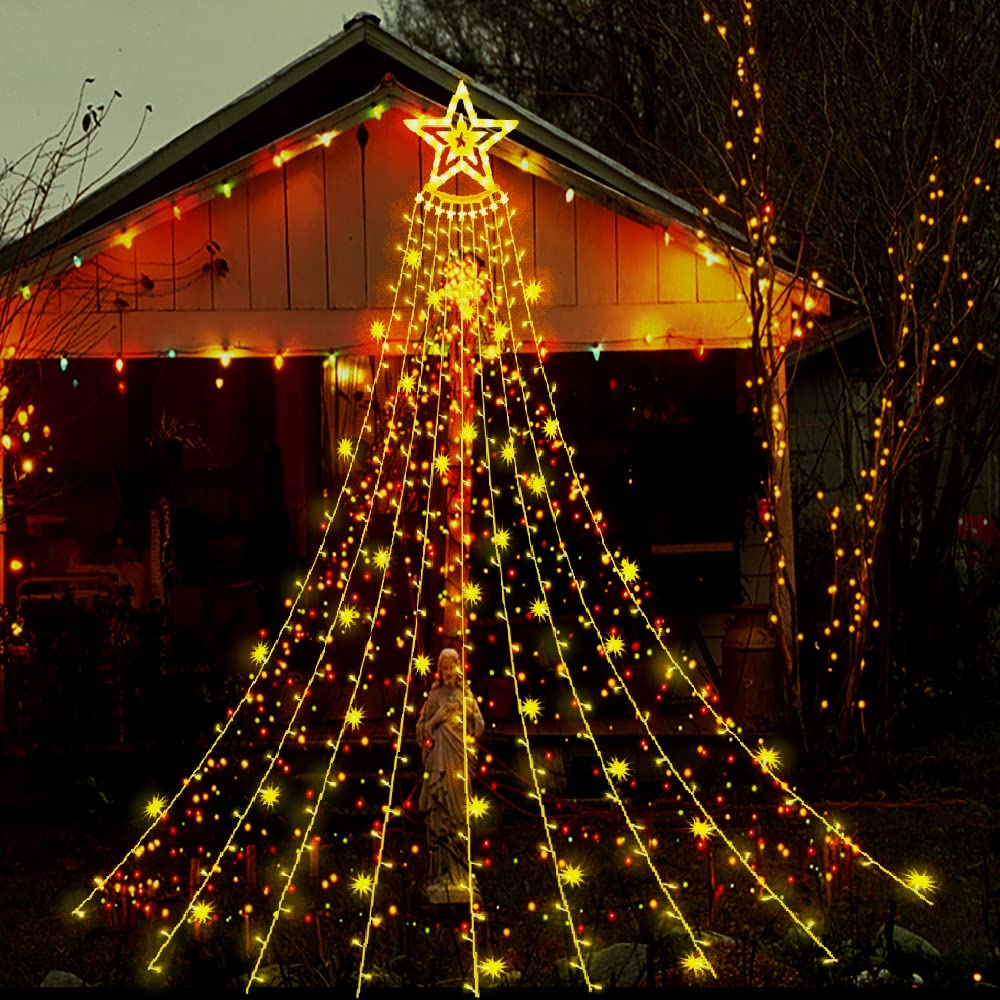 Aokudoni Christmas Lights Outdoor 12.6 ft 8-Lighting Modes Waterfall Xmas Lights Outdoor Christmas Decorations for Yard Tree House Holiday Party, Warm White
