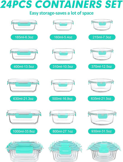 VERONES 12 Packs Glass Food Storage Containers Set, Airtight Glass Lunch Containers, Glass Meal Prep Containers with Lids,Exclusive of BPA, for Microwave, Oven, Freezer & Dishwasher Friendly,Green