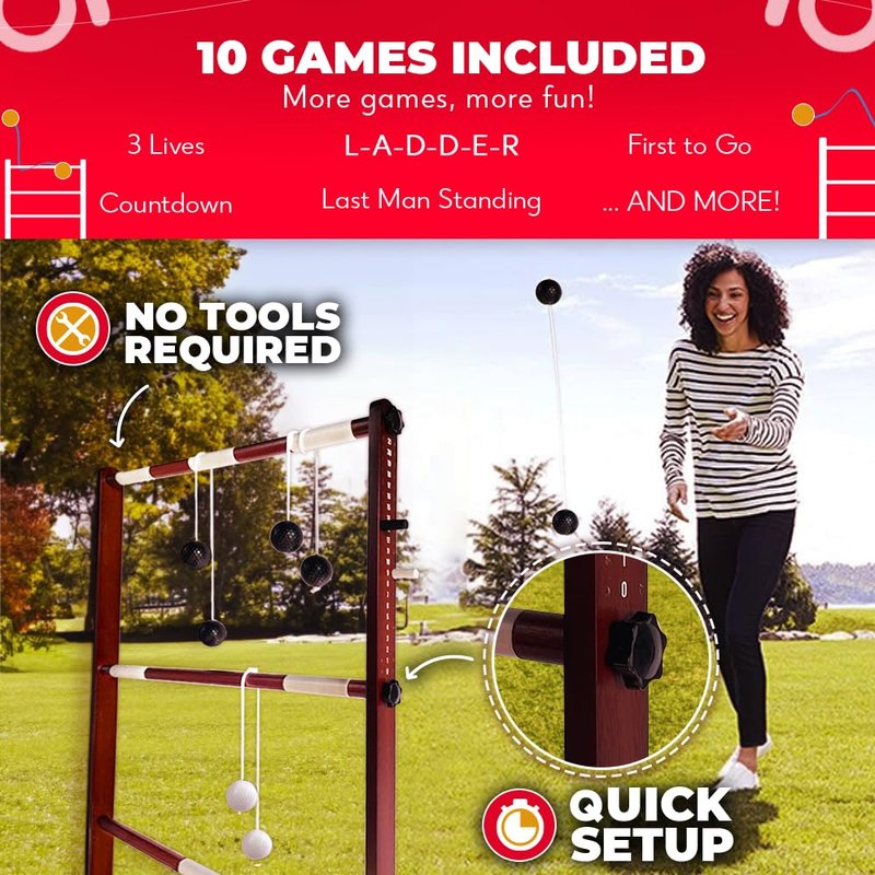 SWOOC Games® - Premium Wooden Ladder Ball Game Set (Weather Resistant) - with 10+ Games & Carrying Case - Easy, No Tool Set Up - Premium Ladder Toss Outdoor Game - Backyard Ball Toss Games
