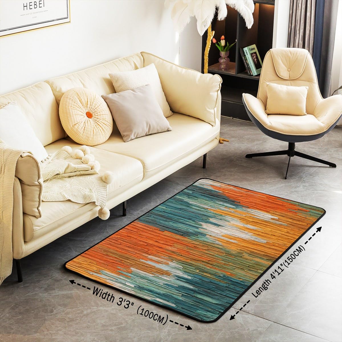 Erosebridal Abstract Pattern Decorative Carpet 4'11" x 3'3" Oil Painting Living Room Rugs for Kids Men Women Gradient Beige Orange Washable Indoor Floor Mat