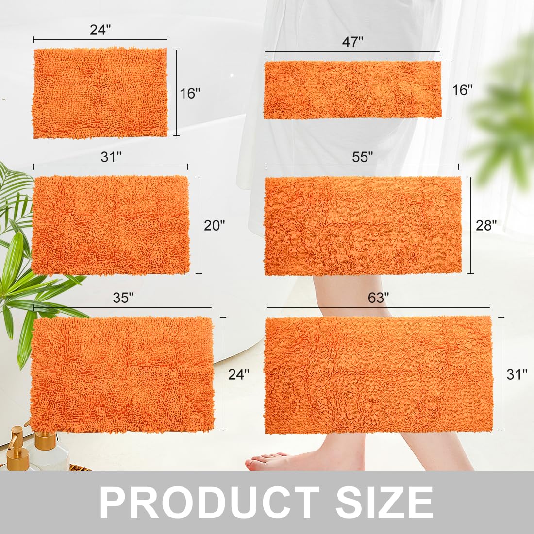 vctops Orange Fall Plush Chenille Bath Rugs Extra Soft and Absorbent Microfiber Shag Rug, Non-Slip Runner Carpet for Tub Bathroom Shower Mat Orange 16" X 24"