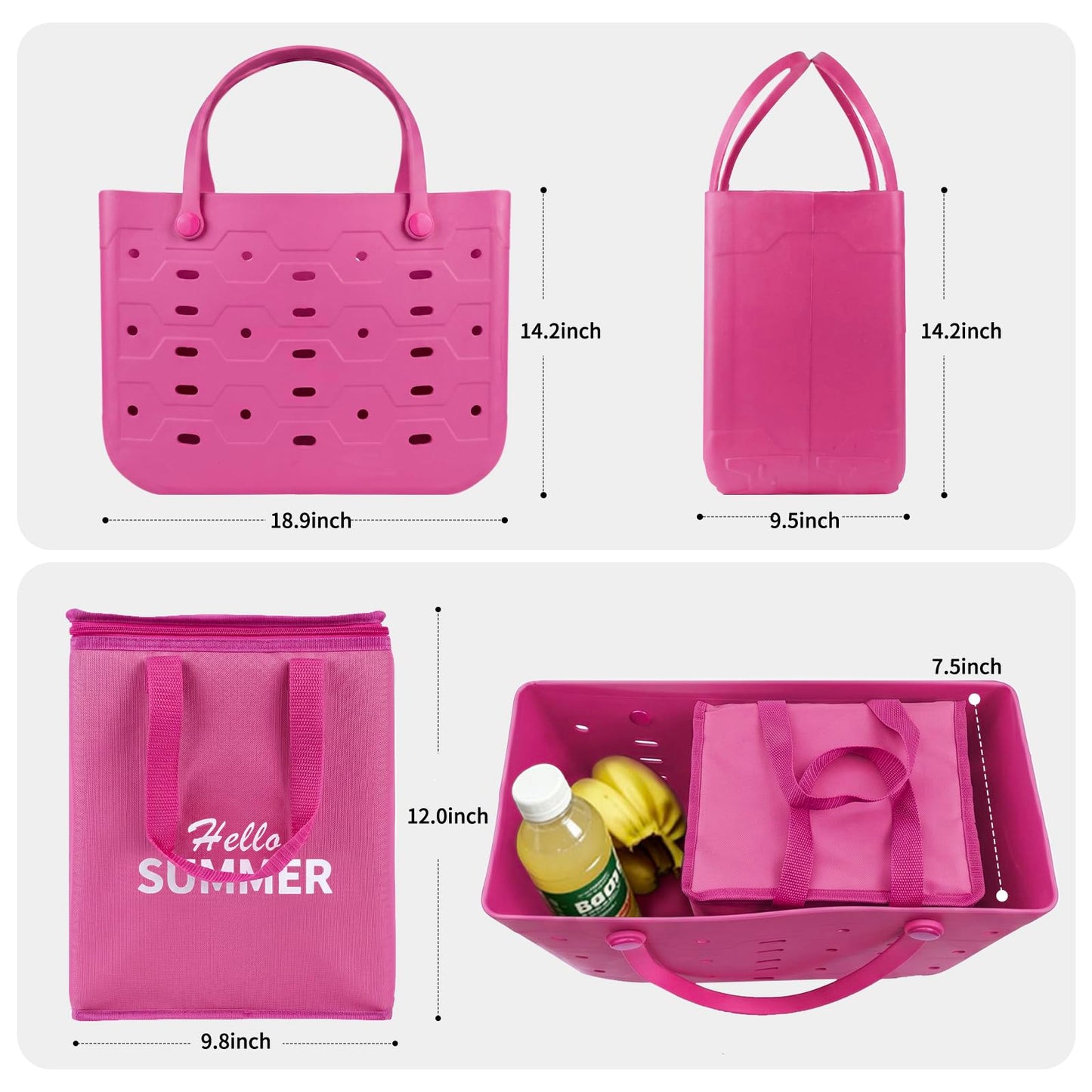 PoVwlty Rubber Beach Tote Bag with Insulated Cooler Bag, Waterproof Sandproof Pool Bag for Beach, Pool, Travel- Perfect for Summer (ROSE - RED, Large)
