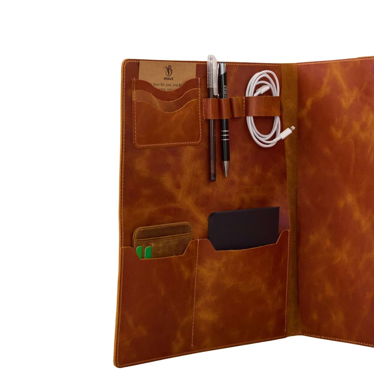 Leather Portfolio Folder - Genuine Leather Document Organizer with Multiple Pockets and Pen Holder – Business Padfolio for A4 Letter Size Papers, Professional Resume or Meeting Use (Whiskey)
