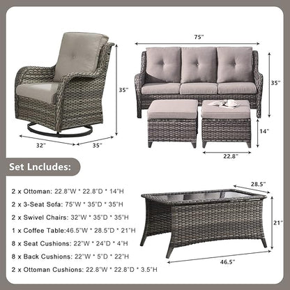 Rilyson Wicker Patio Furniture Set - 7 Piece Rattan Outdoor Sectional Conversation Sets with 2 Rocking Swivel Chairs,2 Ottomans,2 Sofa and 1 Coffee Table for Porch Deck Garden(Mixed Grey/Grey)