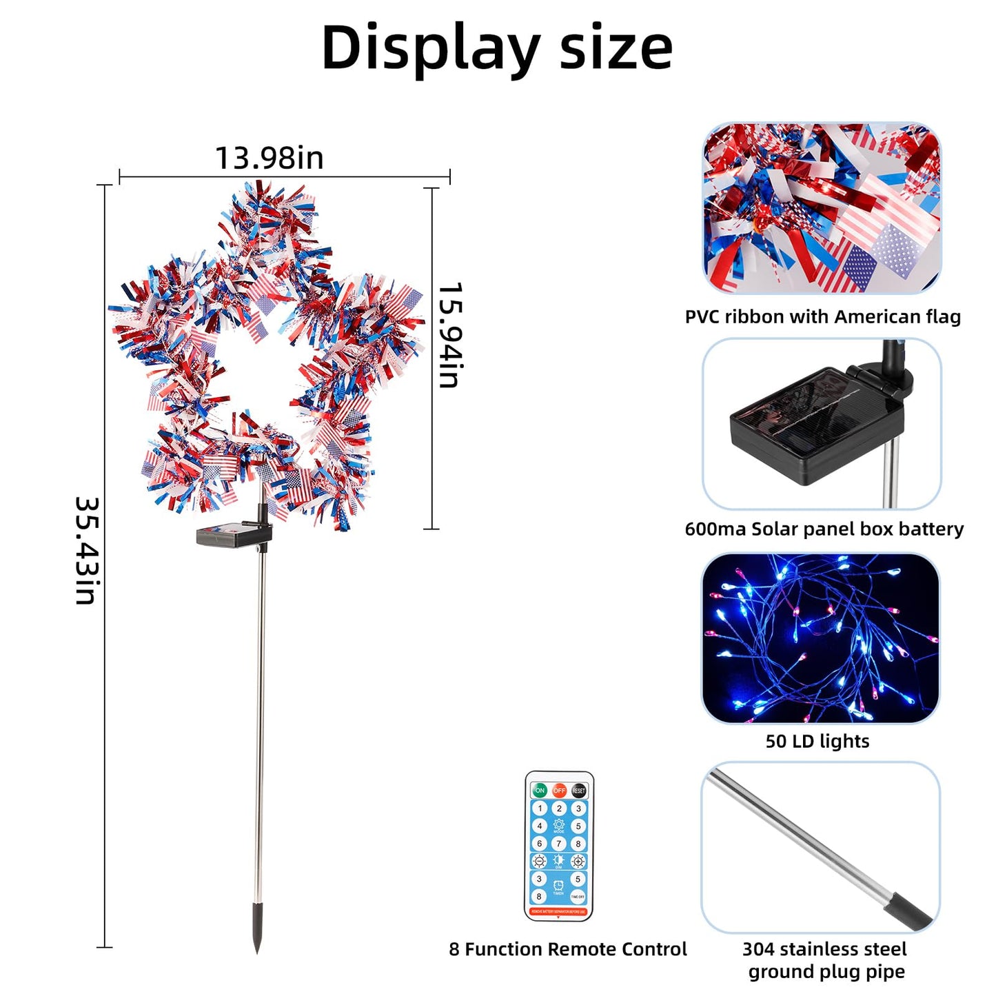 Kaitesla 2 Pack July 4th American Flag Solar American Flag Lights July 4th Solar Patriotic Flag Lights, 8 Modes Garden Pile Lights 50 LED Garden Landscape Lights Street Lights (Red White & Blue)