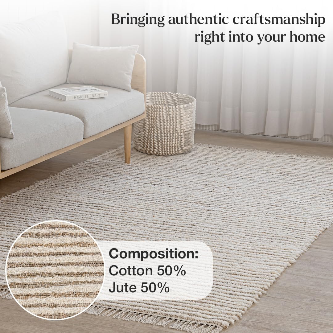 HOMEMONDE Jute Cotton Area Rug 6x9 ft Large Rectangle Hand Woven Natural Farmhouse Rugs for Living Room, Bedroom, Kitchen, High Traffic Area - Rustic Vintage Bohemian (Natural Offwhite)