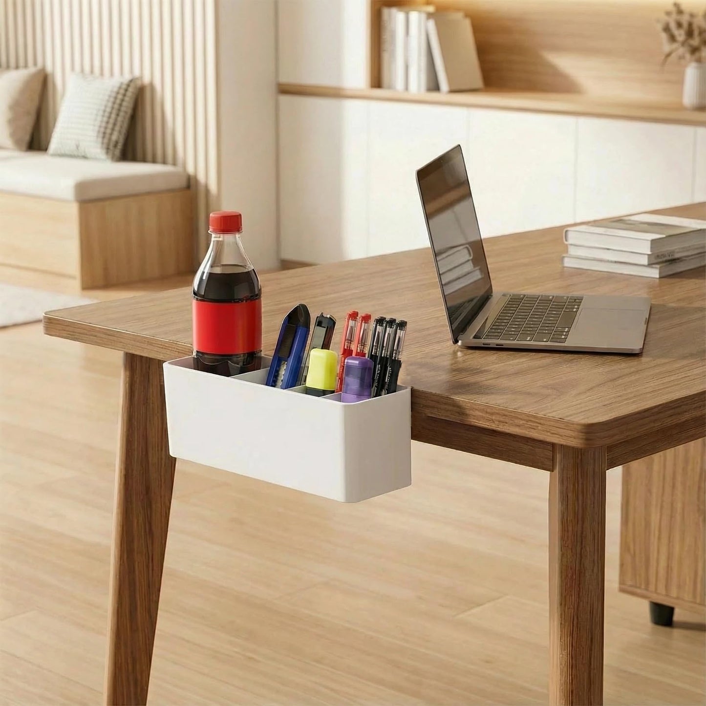 LIPCHEEGO Desk Side Storage, Side Desk Organizer, No Drill Hanging Desk Organizer with 4 Large Pockets, Table Hanging Storage for Office & Home, Fits Flat Table Edge 1.26" (White)