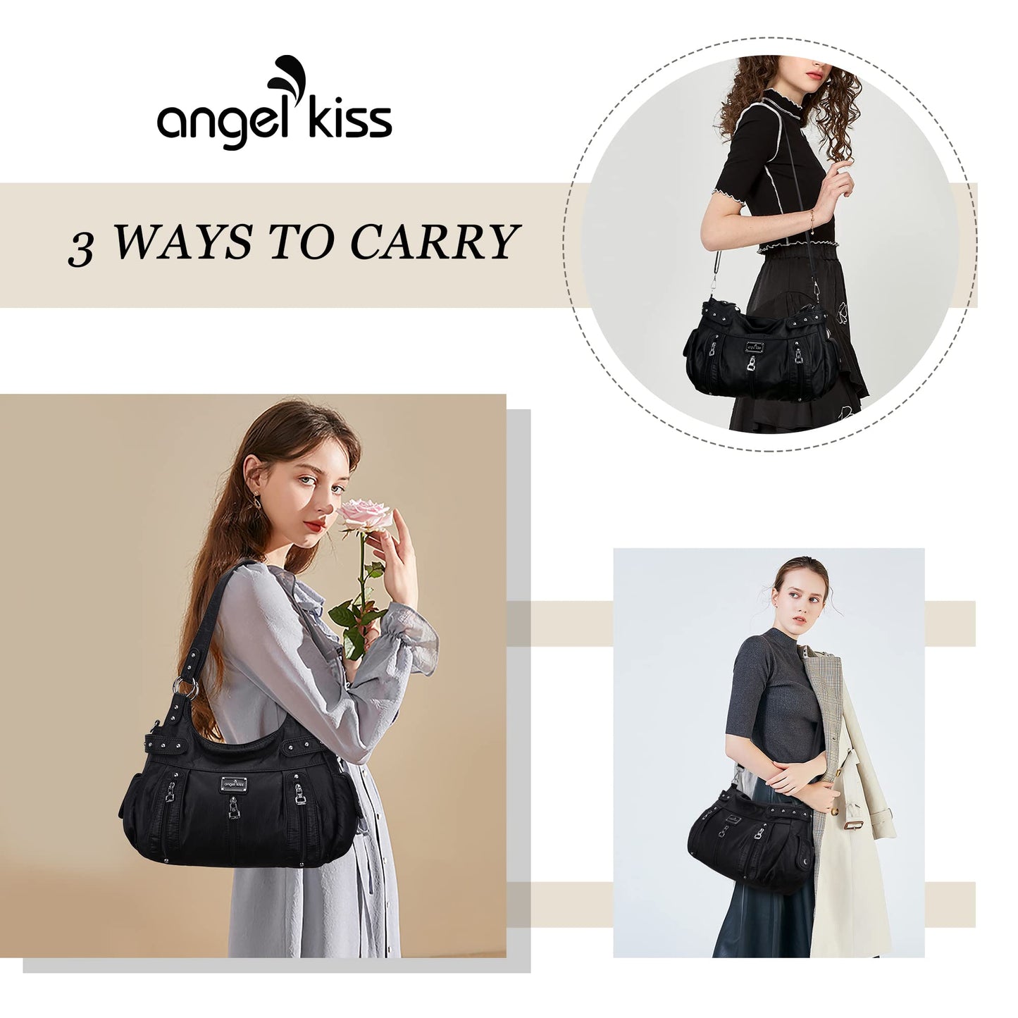 Angel Kiss Large Purses and Handbags for Women Washed Faux Leather Crossbody Hobo Satchel Shoulder Handbag Tote Purse