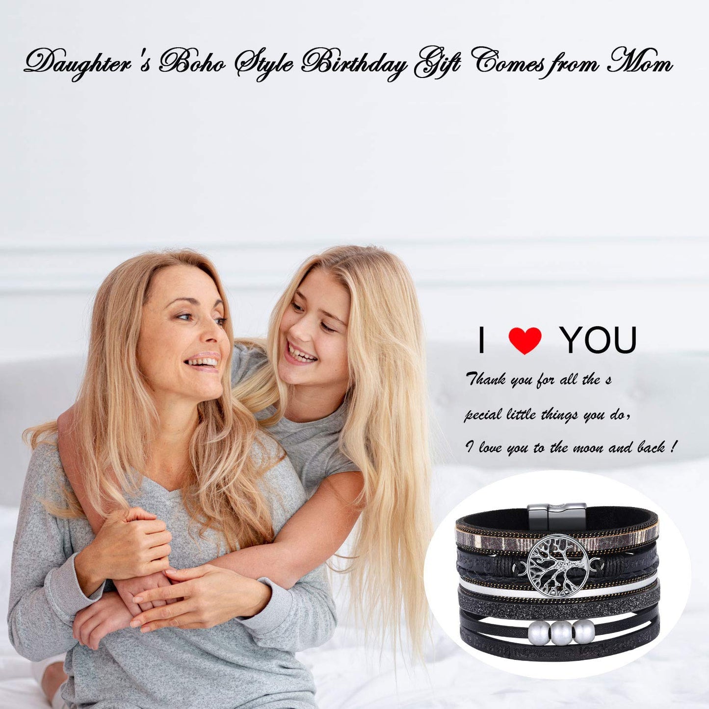 Desimtion Black Wrap Leather Bracelets for Women Boho Layered Stacking Wide Buckle Family Tree of Life Bracelets for Women Mom Teen Girls Grandma