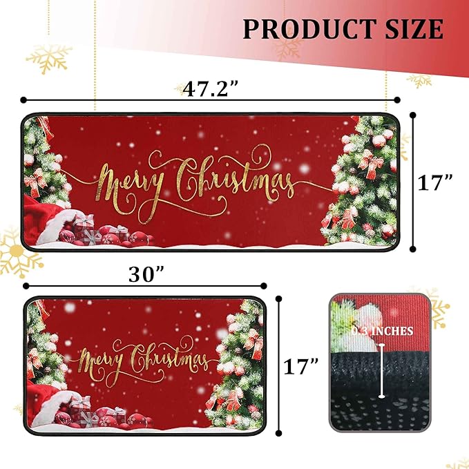 Christmas Kitchen Rugs 2 PCS, Merry Christmas Kitchen Rug, Non Skid Washable Padded Soft Comfort Kitchen Rugs Set (17"x47"+17"x30",Merry Christmas)