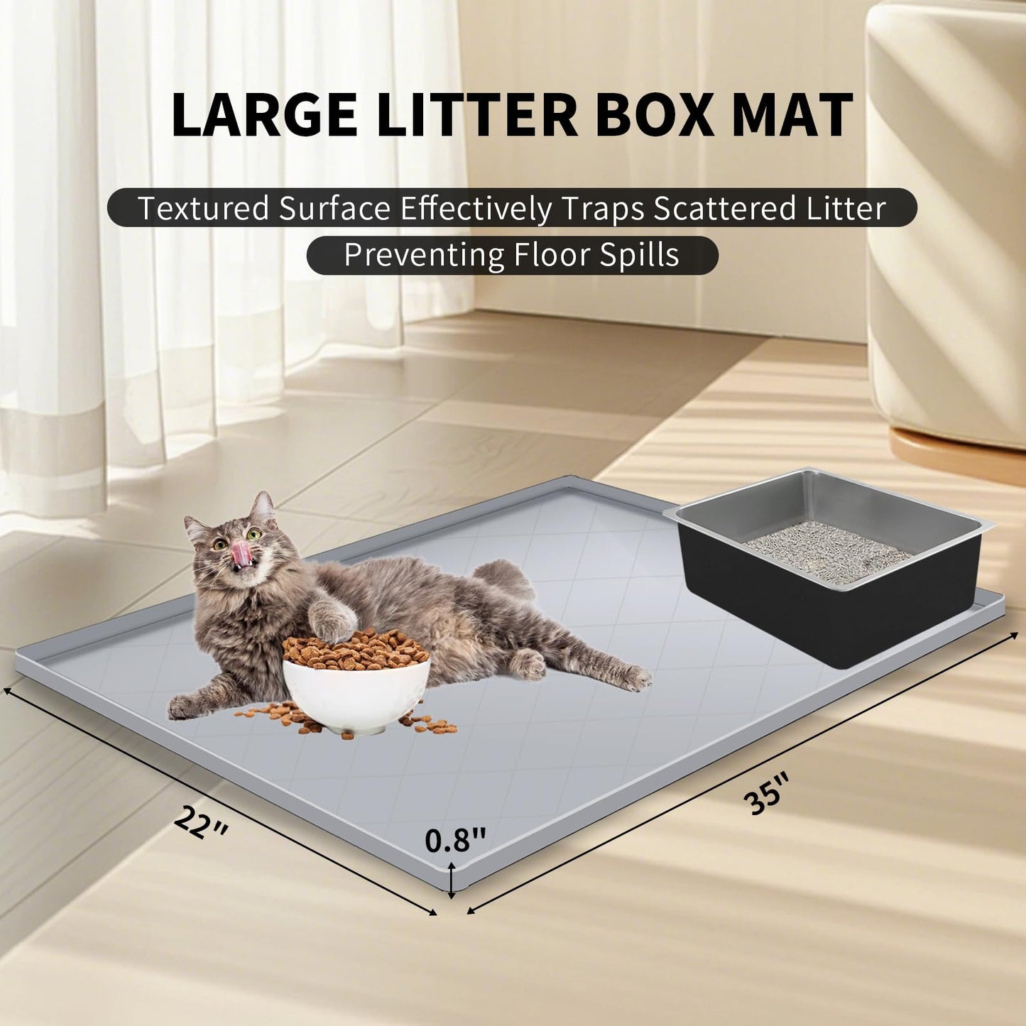 Cat Mat for Litter Box, Large 35" X 22" Cat Litter Mat, Indoor Waterproof Silicone Litter Trapping Pad for Floor, Soft on Kitty Paws, Easy to Clean, Non-Slip, Gray