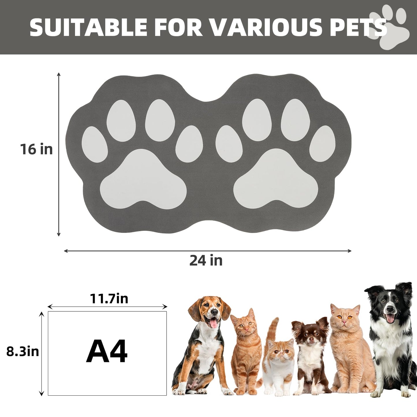 PUPTECK Dog Food Mat, Quick Absorbent Pet Cat Feeding Mat, Anti-Slip Dog Placemat for Food and Water Bowls with Rubber Backing, No Stains Floors Waterproof Indoor, Grayish Black & White 16"x24"