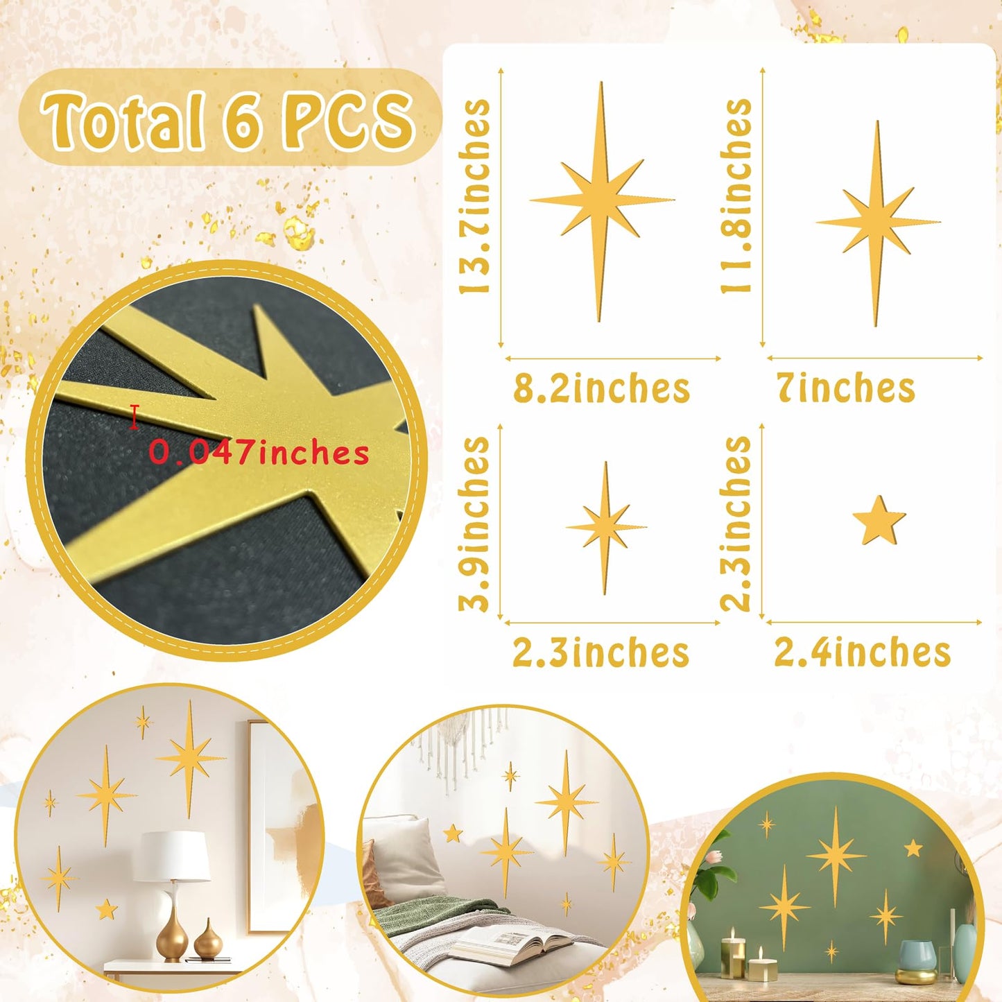 6 PCS Gold Star Wall Decor Iron Starburst Wall Decoration Retro Christmas Stars Art Signs Mid Century Modern Decor for Living Room Star Hangings Sculptures Golden Metal Art for Home Office Bedroom