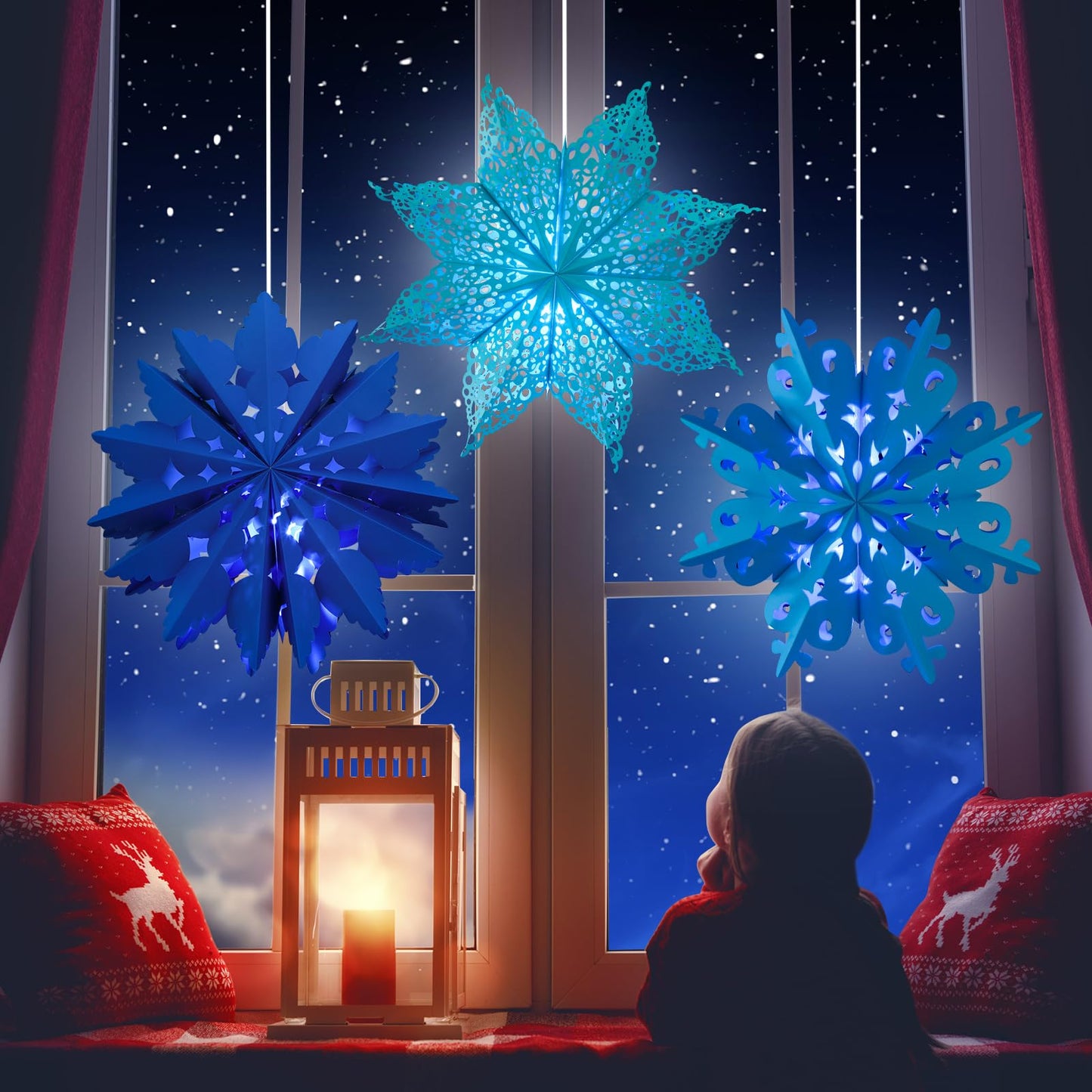 Mudder 5 Pieces Large Christmas Snowflake Paper Lantern with 7 Light 23.6/17.7 Inch Star Paper 3D Hanging Lantern Lamp Party Decoration for Weddings Holiday Xmas Trees(Fresh Style,Blue)