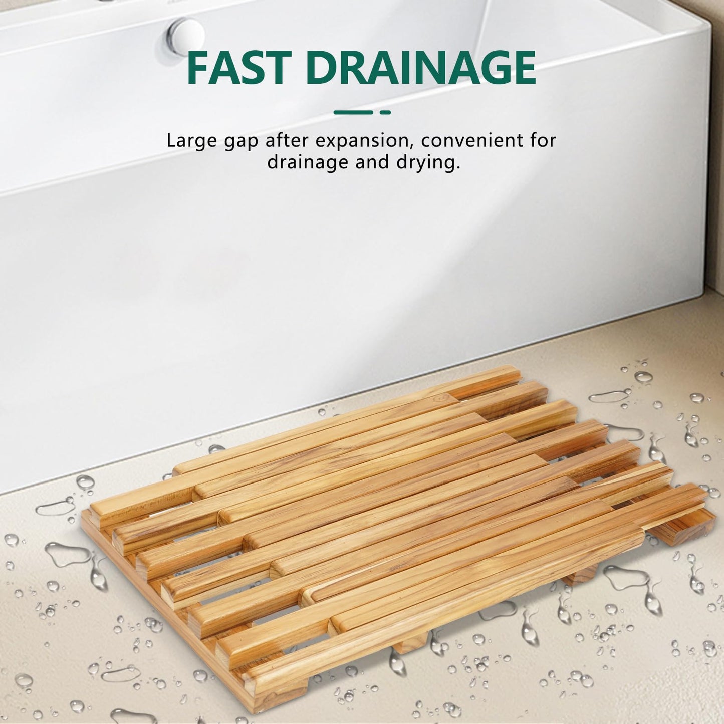 Teak Shower Mat – Adjustable Length Wooden Bathroom Mat, Non-Slip Bath Mat, Sauna Mat for Spa, Sauna Room, Pool, Indoor Outdoor Flooring