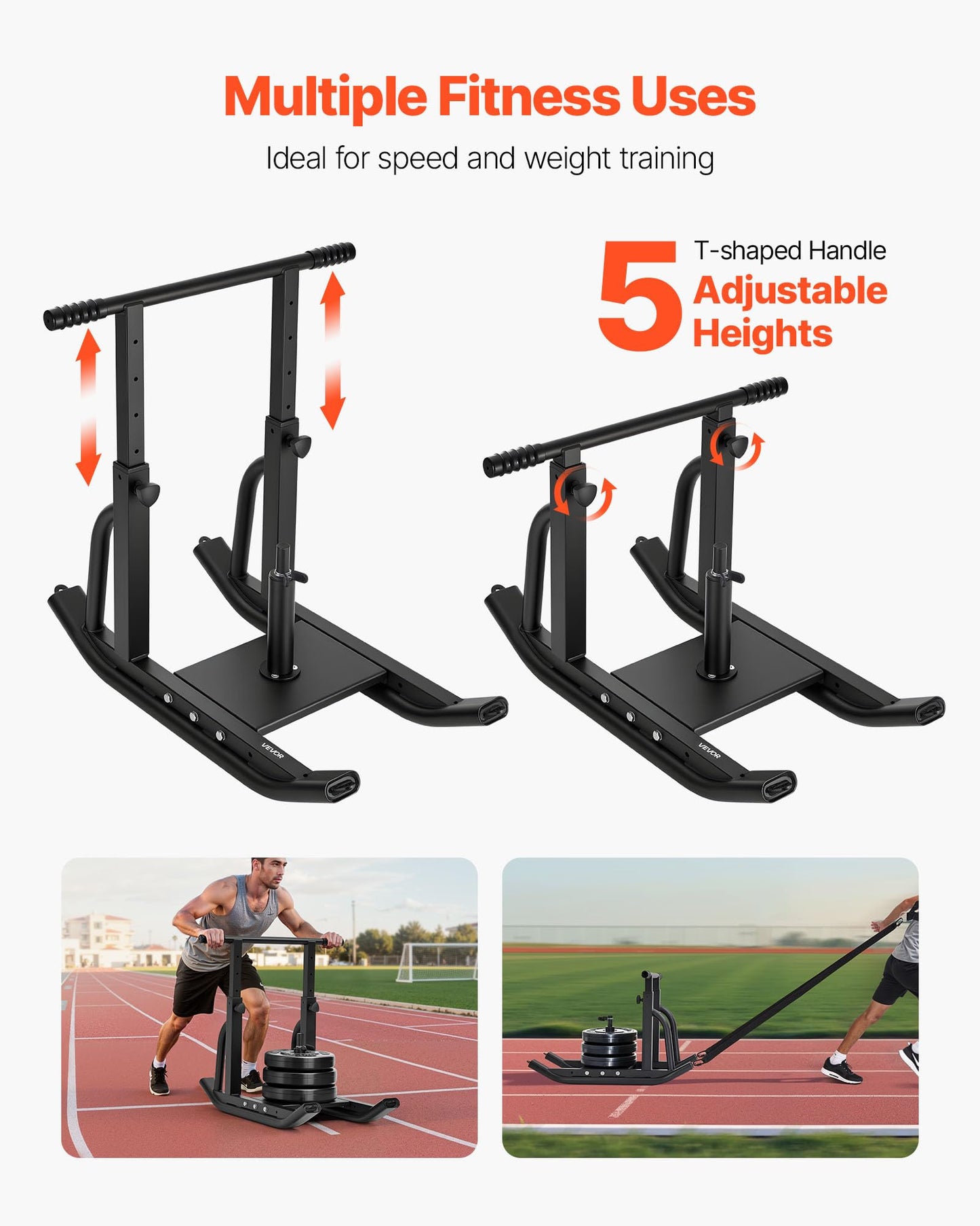 VEVOR Weight Sled, Fitness Training Training Pull Push Running Sled, Fitness Workout Sled Push Gym Equipment, Adjustable Height Handle, Compatible 1/2 in Weight Plates, Black, Football Sleds Chutes