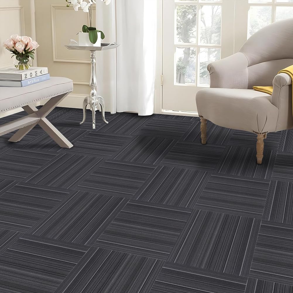 Boshuele 24 inch x 24 inch Carpet Tiles upholstered Non-Slip Carpet Squares Reusable Easy to Install Indoor and Outdoor Office Home Decor Flooring (Black, 18 PCS)