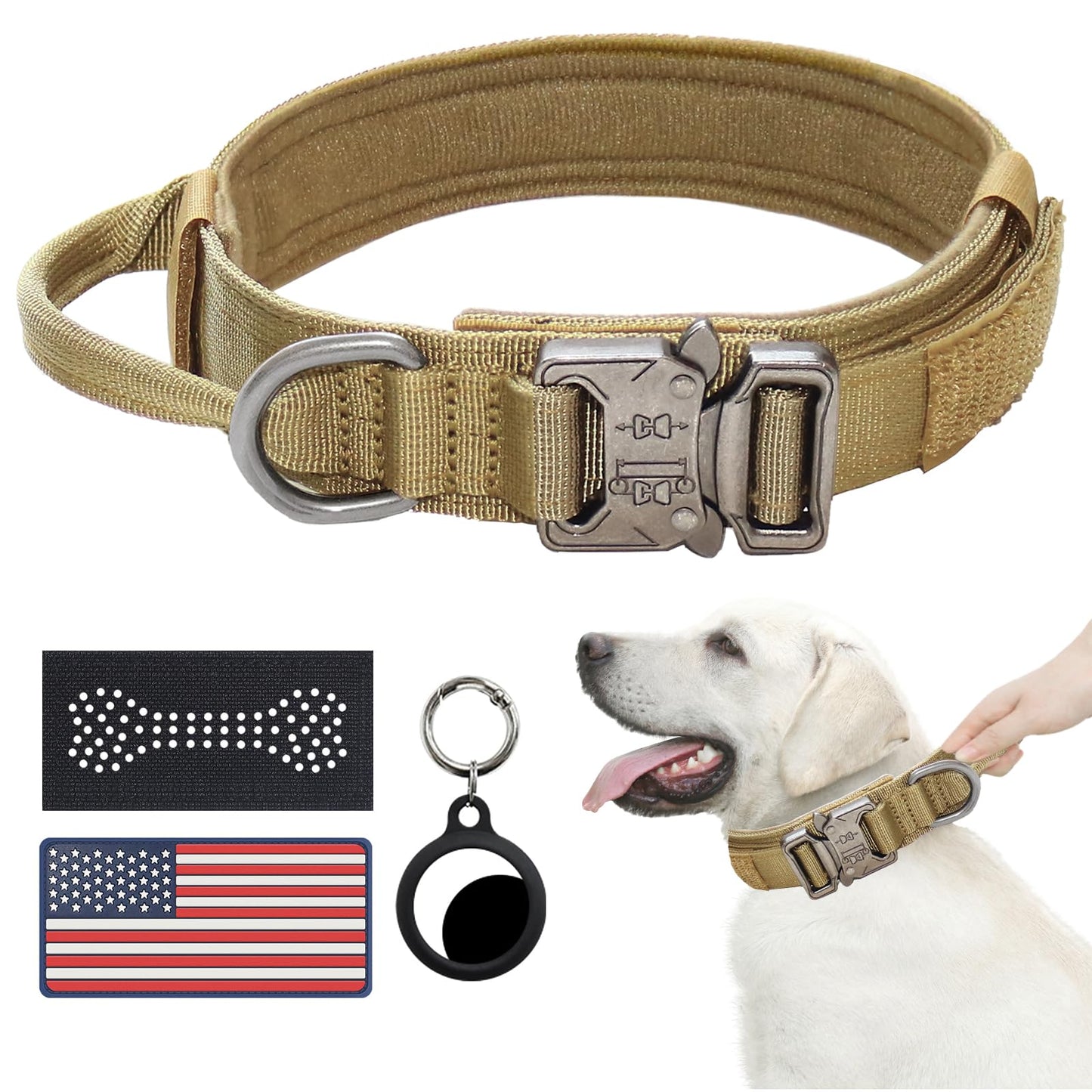 Hotsky Tactical Dog Collar, Adjustable Military Training Nylon Airtag Collar with Handle and Heavy Duty Metal Buckle for Medium Large Dogs, with Airtag Holder and Two Patches（Brown,L）
