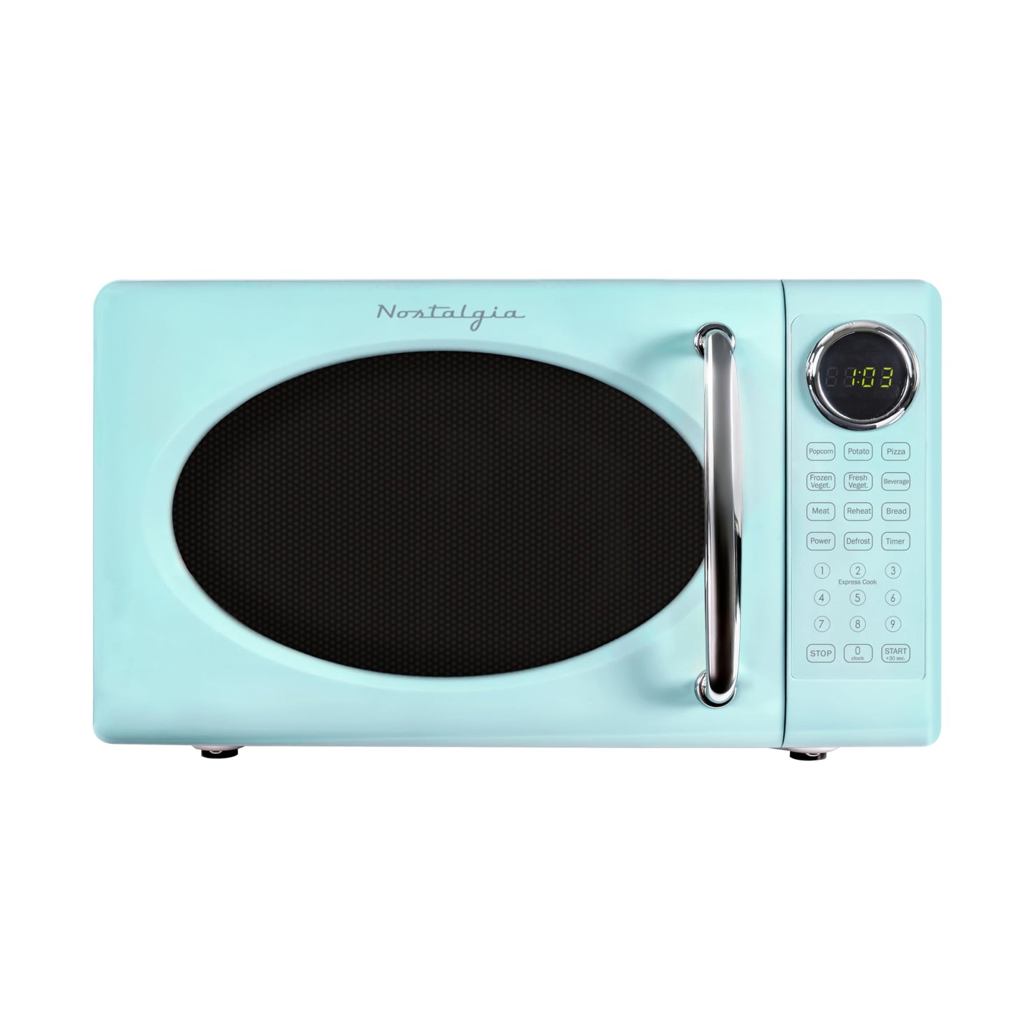 Nostalgia Retro Microwave Oven - 0.7 Cu Ft, 700-Watt Countertop Size with Glass Turntable, Child Safety Lock, 8 Auto-Cook Programs, Digital Clock - Aqua