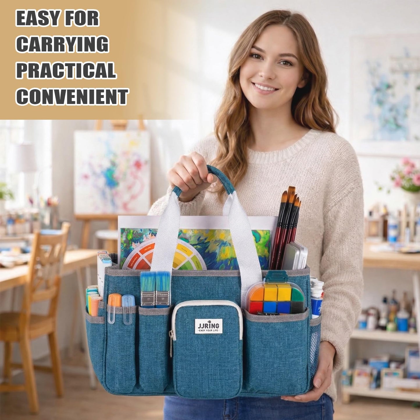 Jjring Craft Organizer Tote Bag, Portable Art Caddy with Adjustable Divider&Secure Zipper Pocket, Large Foldable Storage Tote for Scrapbooking, Sewing, Artist and Home(Green)