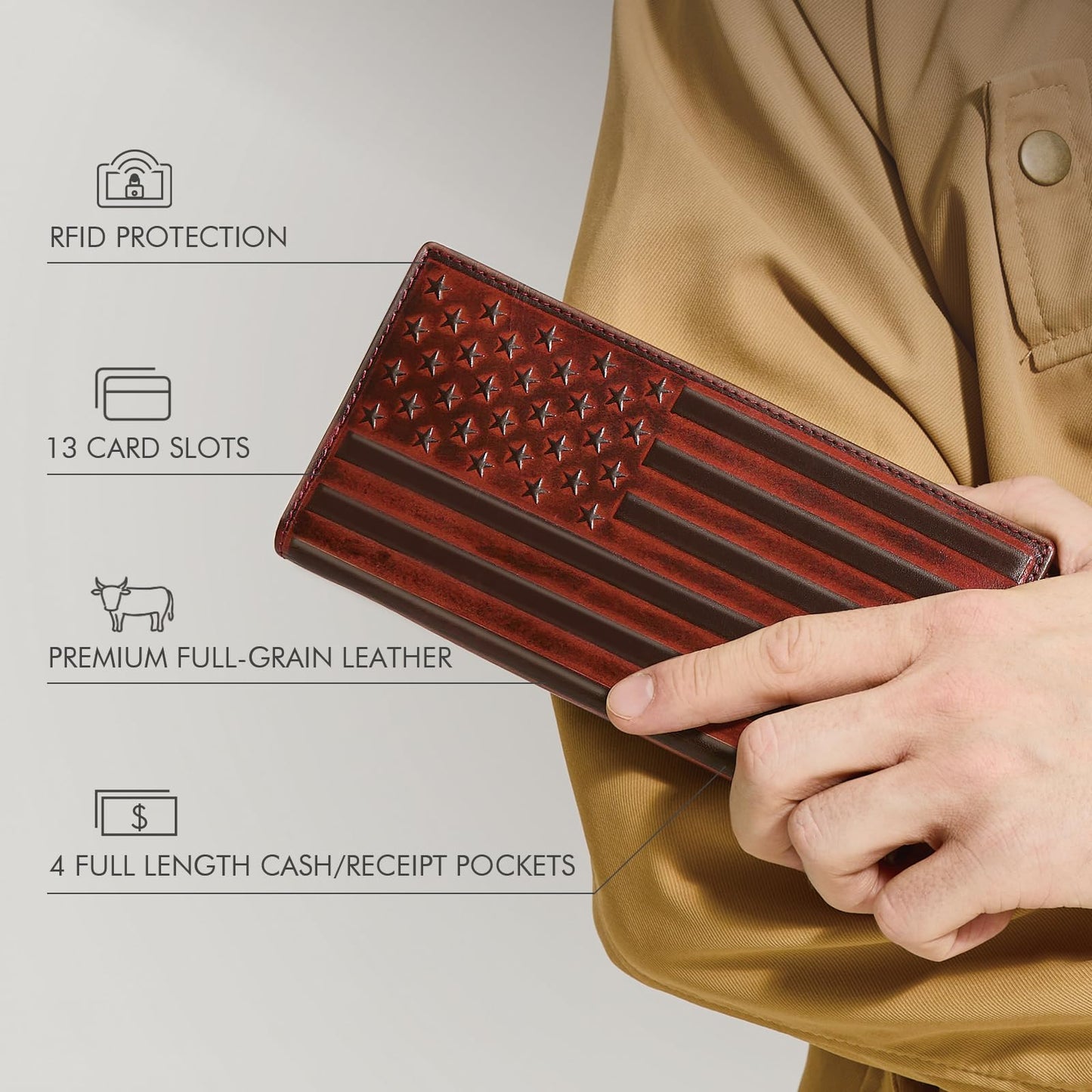 Pefiam Long Wallet for Men Leather, Mens Checkbook Wallet Rodeo, Large Western Cowboy Wallet Bifold, RFID Blocking, Gift for Men (American Flag, Brown)