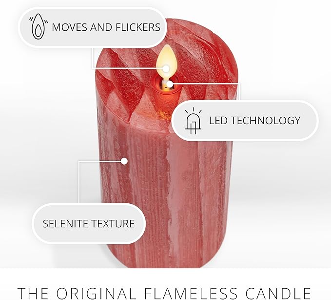 Luminara Selenite Looking Flameless Candle, Holiday Red 3" x 6.5", Battery Operated Real Wax Moving Flame LED Pillar w/Timer, Home Decor Unscented