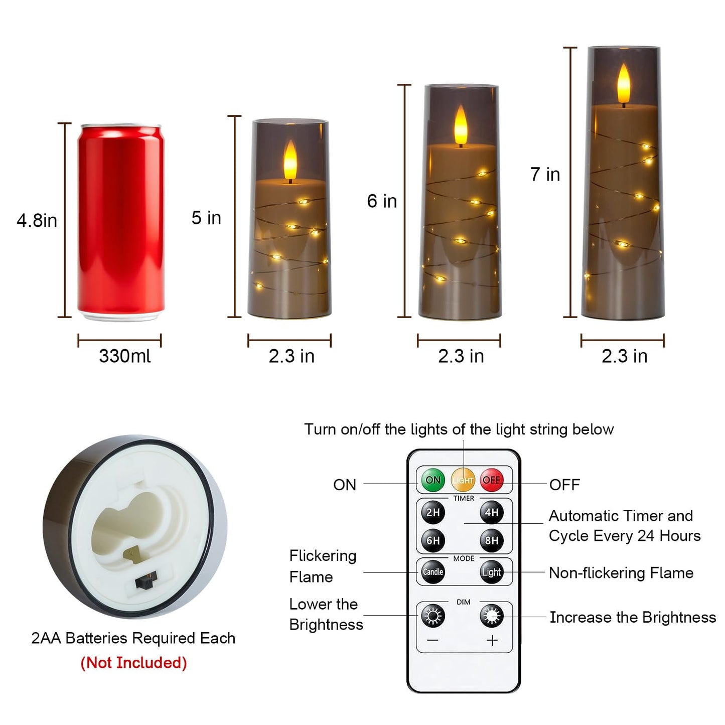 Raycare Flameless Candle with Remote Timer, 3 Flickering Acrylic Battery Operated LED Pillar Candles with Embedded Star String for Christmas, Home Decor, and as a Gift(Grey)