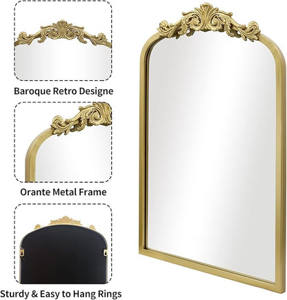 AIXI HOME Vintage Gold Vanity Makeup Desk Arched Mirror 12"x18", Antique Traditional Table Mirror with Ornate Metal Frame & Bracket, Small Standing Baroque Mirror for Living Room,Bedroom,Tabletop