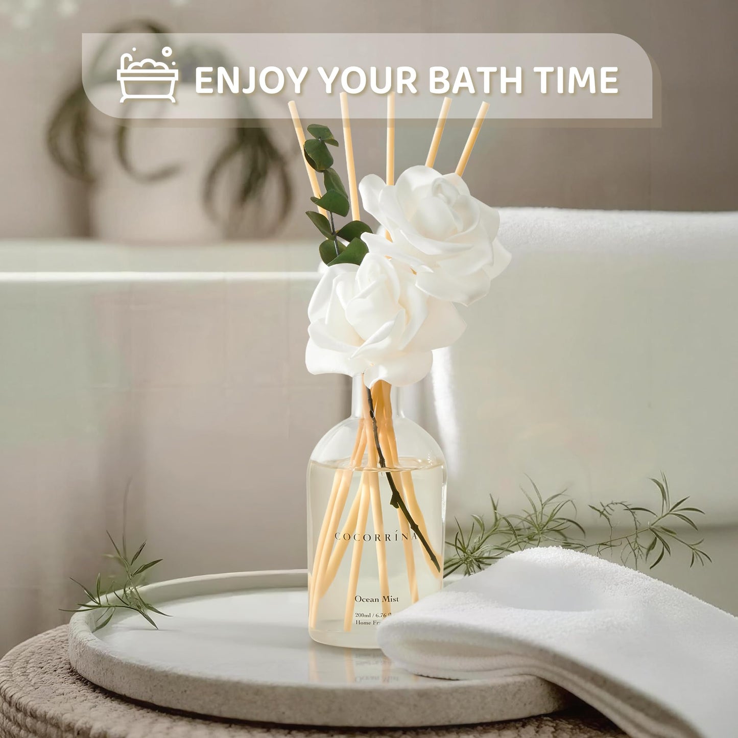 COCORRÍNA Reed Diffuser - Ocean Mist Scent, 6.76 fl oz Essential Oil with 8 Reed Sticks - Home Fragrance for Bedroom Bathroom Shelf Décor