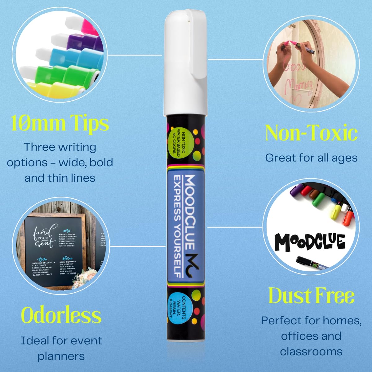 10mm JUMBO Tip Liquid Chalk Drawing Markers for Car Windows, Auto Windshields, Mirrors, White Boards, Retail + Restaurant Signs. Erasable Chalk Markers – Washable – Neon 8pck - 3 writing options