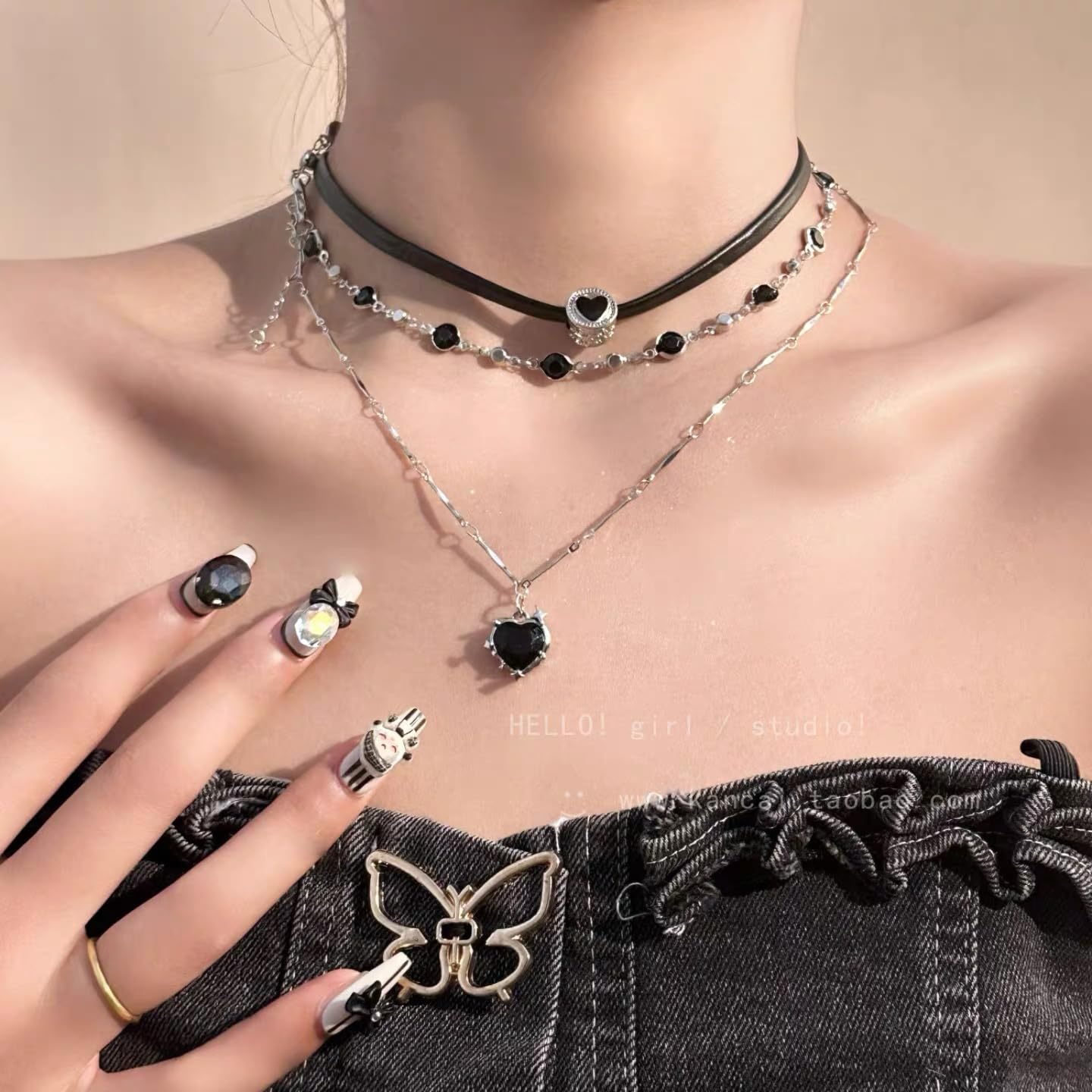 ZDZM 2Pcs Black Heart Necklace Stack With Black Bead Chain, Black Leather Choker Necklace with Heart Charm, Gothic Emo Grunge Y2k Necklace