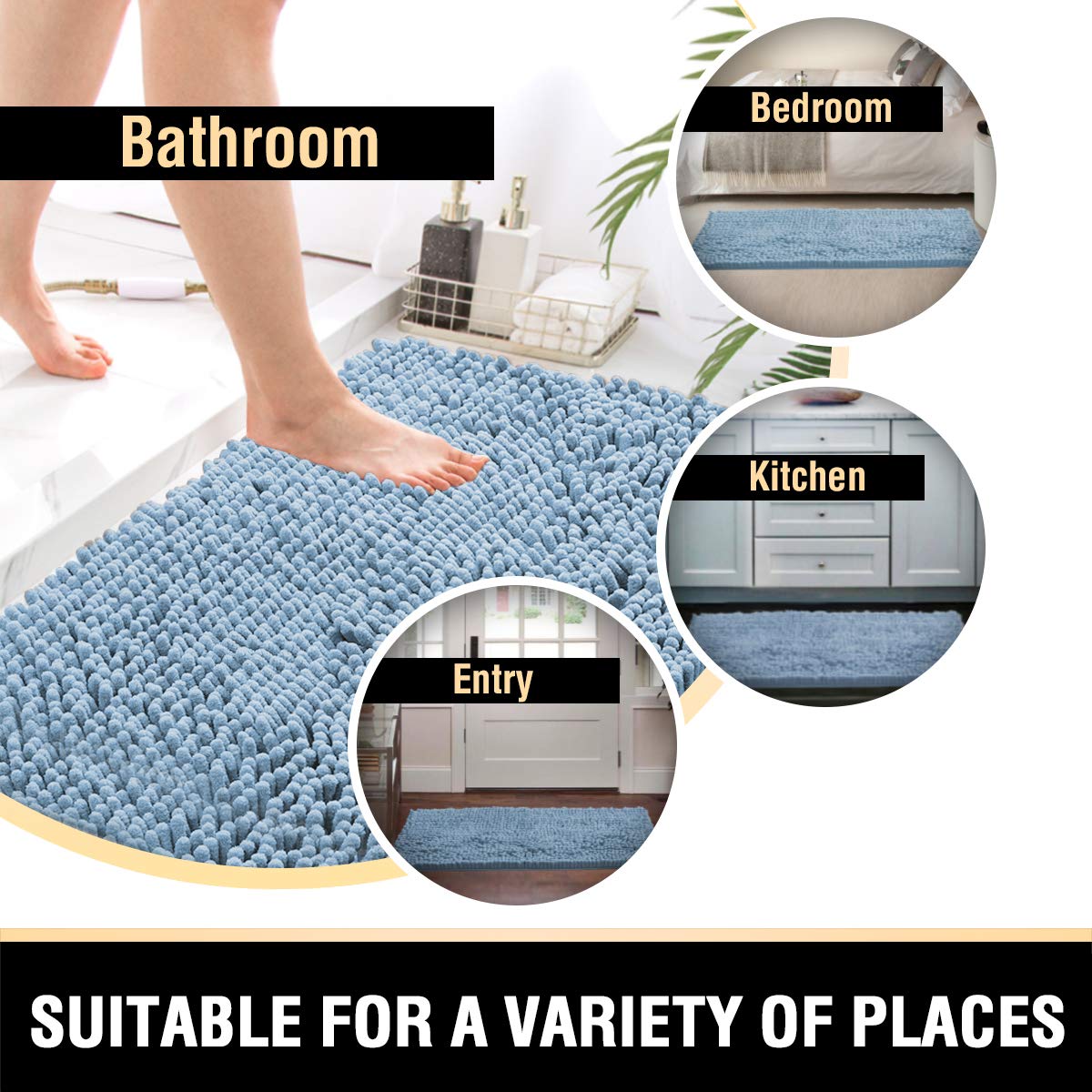 H.VERSAILTEX Bathroom Rugs Bath Mats Non Slip Luxury Chenille Bathroom Runner Rug 24x47 Extra Soft and Absorbent Shaggy Rugs Washable Dry Fast Area Carpet Mats, Tub - Cool Blue