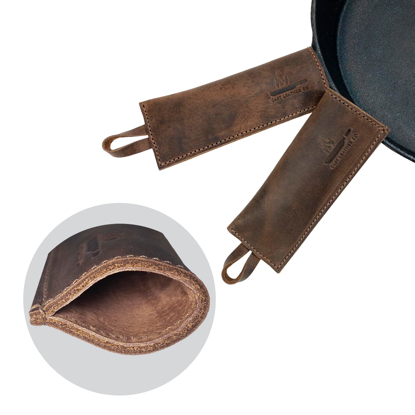 Cast Leather Co., Set of 2 Rectangular Pan Handle Covers, Sleeve for Metal Skillet Grip, Kitchen Accessories, Full Grain Leather, Handmade, Bourbon Brown