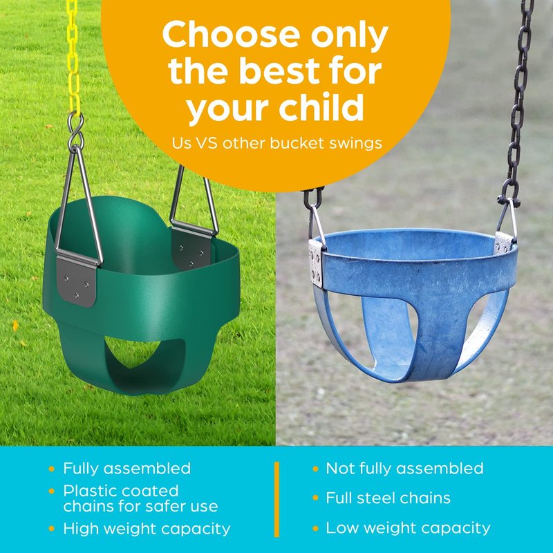 Jungle Gym Kingdom Baby Swing Outdoor - Heavy Duty Toddler Swing Set Accessories, High Back, Full Bucket Seat with Coated Chains for Outdoor Use - Fully Assembled - Green