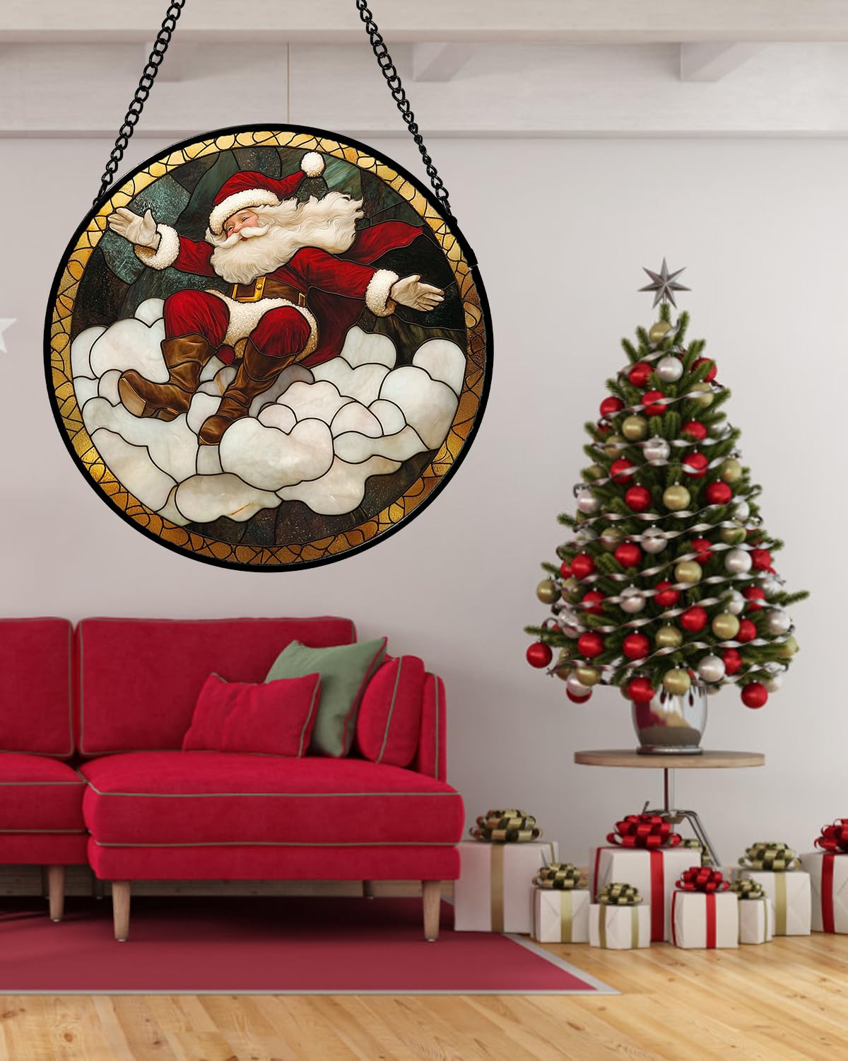 Stained Glass Window Hanging - Red White Santa Claus Clouds Suncatcher for Doors Home Christmas Decoration Sun Catcher Thanksgiving New Year Birthday Gifts for Friend Women Men Mom Nana 9.8 in