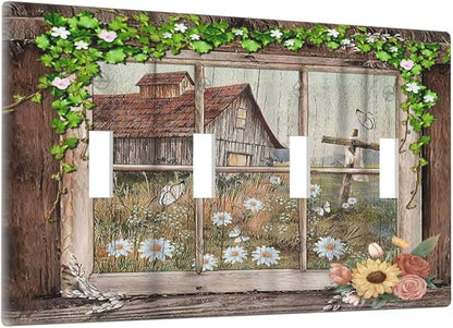 Farm Barn Farmhouse Rustic Country Flower Quad Gang Toggle Light Switch Cover 4-Gang Wall Plates Decorative Electrical Switchplate for Home Bedroom Art Decorate