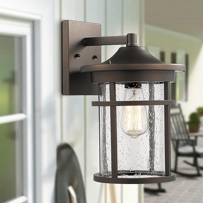Bestshared Outdoor Wall Mount Light Fixture, Large Exterior Porch Wall Lantern, Outdoor Wall Light with Seeded Glass Shade (Oil Rubbed Bronze, 14" Height)