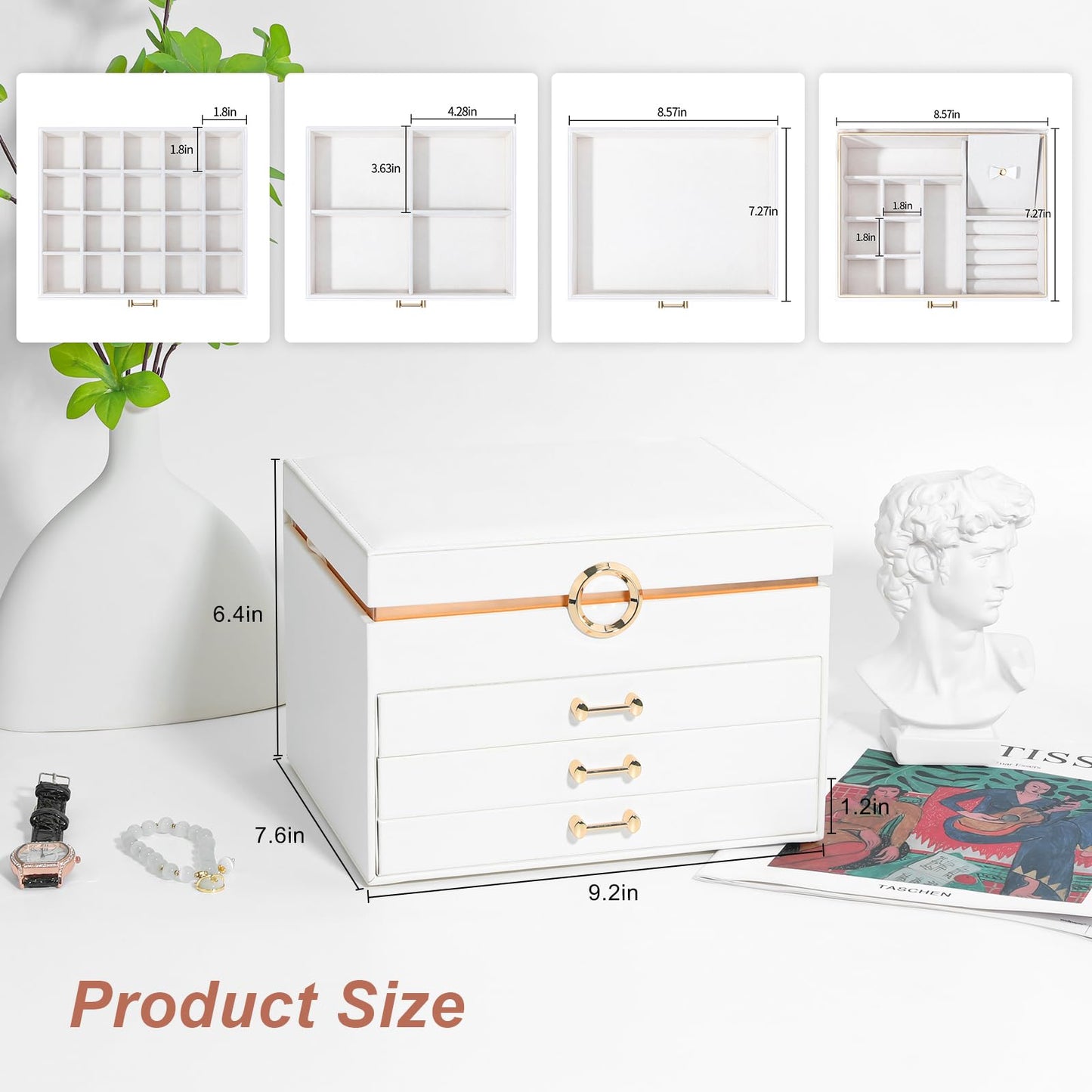 V-LAFUYLIFE Jewelry Box for Women,4-Layer Leather Jewelry Holder Organizer with 3 Drawers Large Jewelry Storage Boxes, Lots of Storage Space For Ring,Necklace,Bracelets,Earring（White）
