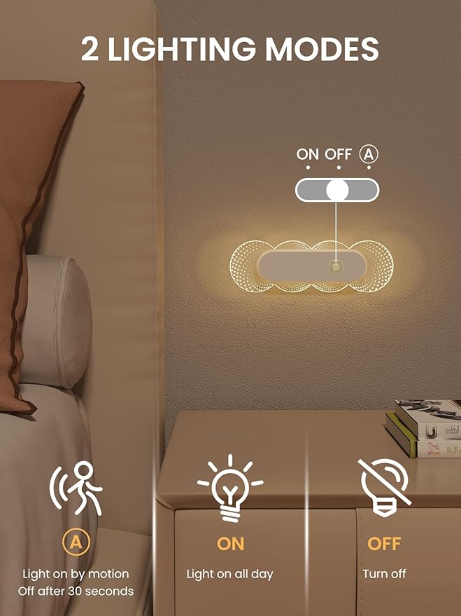 Motion Activated Night Light Rechargeable, Magnetic Stick On Lights Battery Operated, No Drill LED Sensor Night Light for Bathroom Bedroom Hallway (2 Pack)
